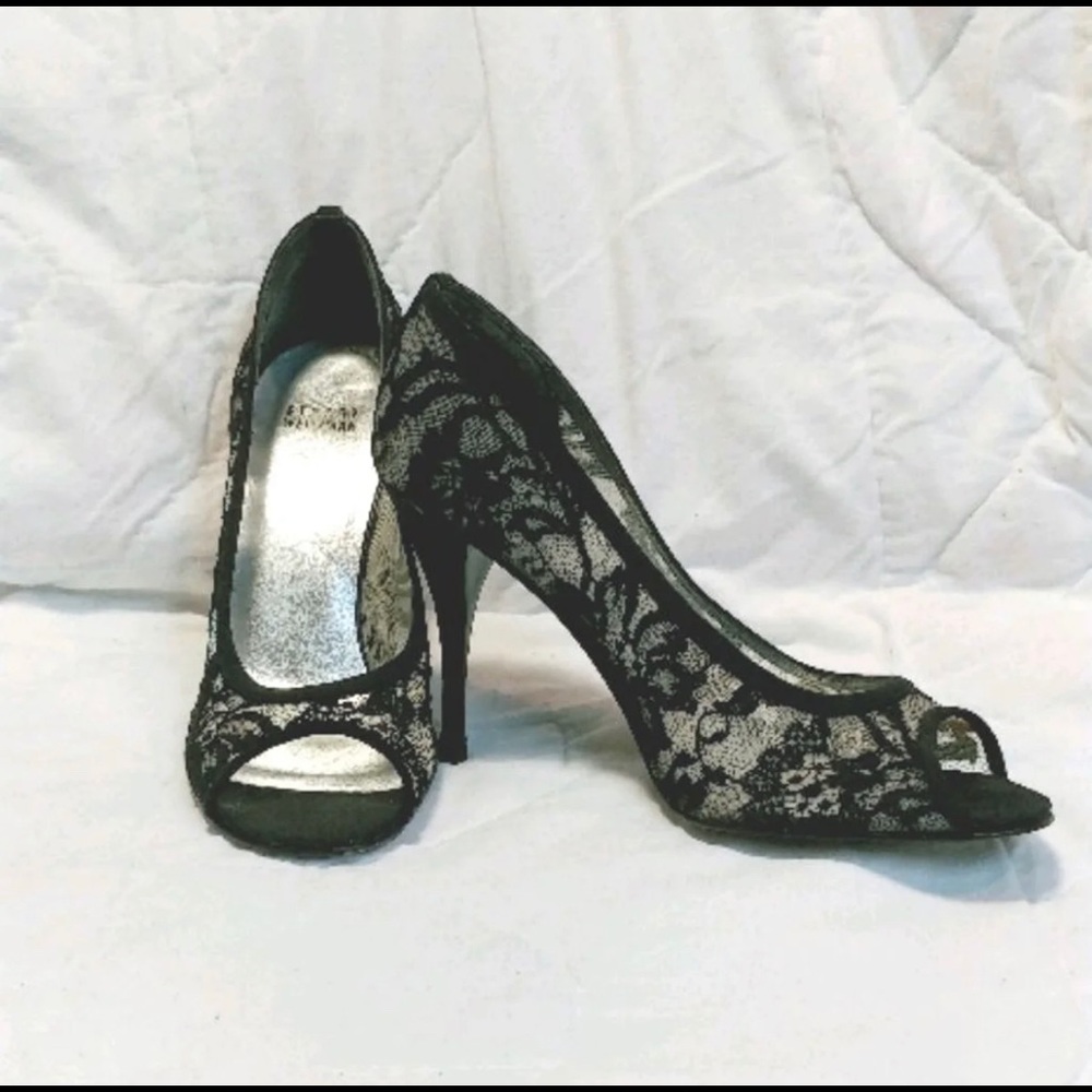 Stuart Weitzman Black Lace Peep Toe Heel